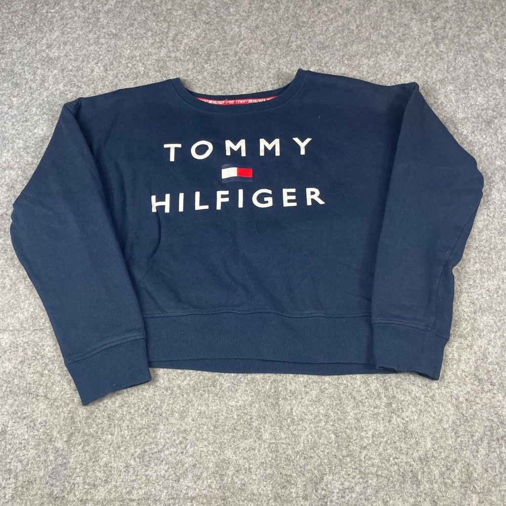 VTG 90s Tommy Hilfiger Sport Cropped Sweatshirt Womens Med Navy Blue Fleece